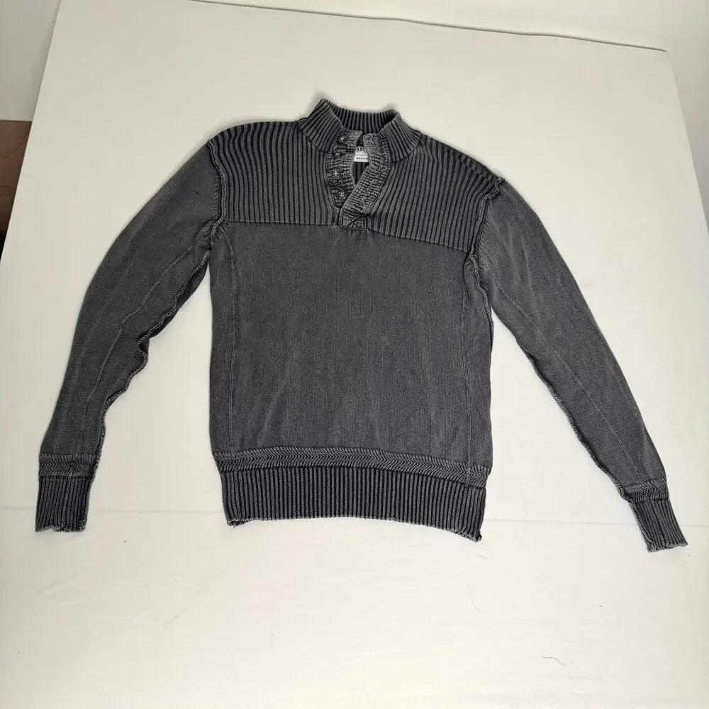 KE Distressed Knit Sweater Mens Medium Gray Mock Neck Button Pullover‎ Buckle